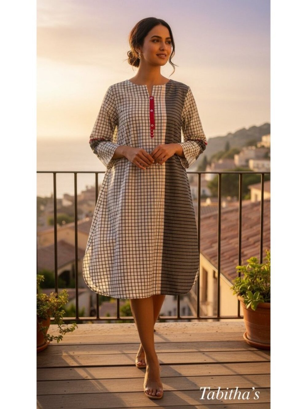 Black & White Checkered Tunic With Contrasting Red Button Details 3/4 Sleeves An